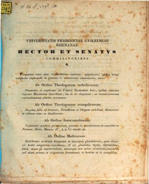 Iudicia quinque ordinum Universitatis Fridericiae Guilelmiae Rhenanae de litterarum certaminibus anni ... facta novaeque quaestiones anno ... propositae. 1842