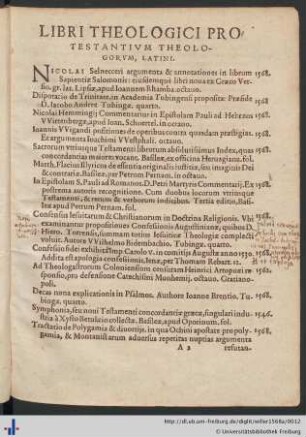 Libri Theologici Protestantivm Theologorvm, Latini.