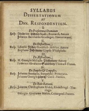 Syllabus Dissertationum Et Dnn. Respondentium.
