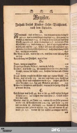 Register, oder Inhalt dieses Kinder-Lehr-Büchleins, nach dem Alphabet.