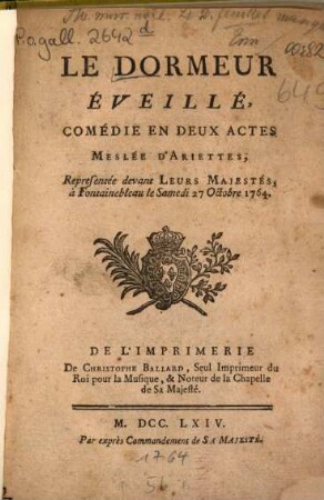 Le dormeur éveillé : Comédie en 2 actes, meslée d'ariettes