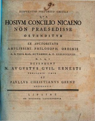 Disp. hist. crit. qua Hosium concilio Nicaeno non praesedisse ostenditur