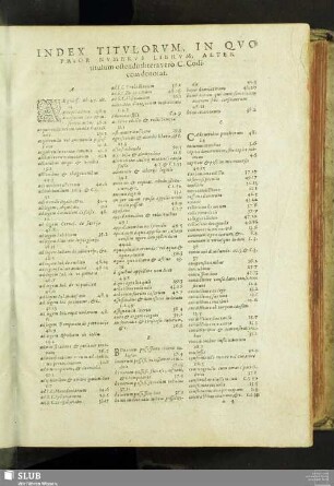 Index titulorum, in quo prior numerus librum, alter titulum ostendit. litera vero c. codicem denotat