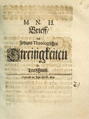 Brieff von Jetzigen Theologischen Streitigkeiten in Teutschland