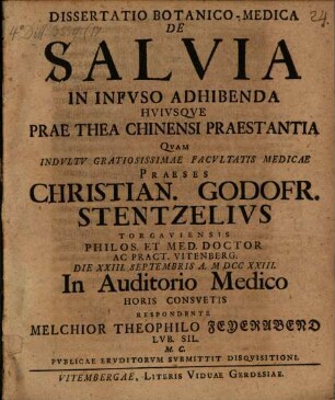 Dissertatio Botanico-Medica De Salvia In Infvso Adhibenda Hvivsqve Prae Thea Chinensi Praestantia