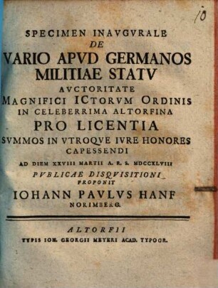 Specimen inaugurale de vario apud Germanos militiae statu