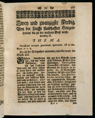 387-406, Zwey und zwanzigste Predig. Von der Flucht sündhaffter Gelegenheiten die zu der wahren Buß nothwendig ist