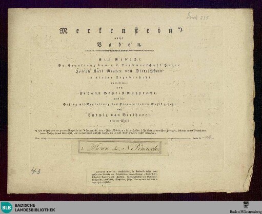 Merkenstein nächst Baden : (100. Werk); ein Gedicht ... gewidmet von Johann Baptist Rupprecht und für Gesang mit Begleitung des Pianofortes in Musik gesetzt