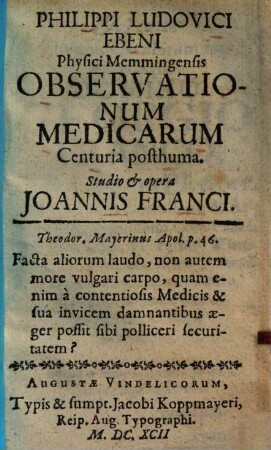 Philippi Ludovici Ebeni Observationum medicarum centuria posthuma