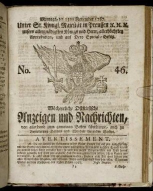 No. 46. Montags, den 15ten November 1767.
