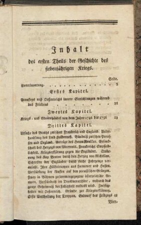Inhalt des ersten Theils der Geschichte des siebenjährigen Kriegs