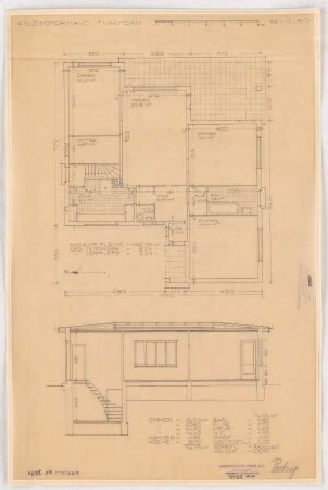Siedlungsprojekt: Flachbau, 4,5 Zimmer, Grundriss (wie Inv.Nr. 5238), Schnitt 1:50