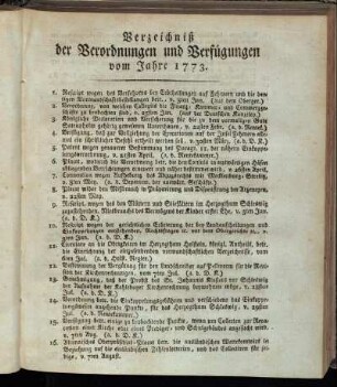 Verzeichniß der Verordnungen und Verfügungen vom Jahre 1773.