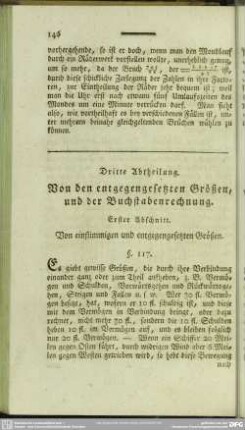 Dritte Abtheilung. Von den entgegengesetzten Größen, und der Buchstabenrechnung