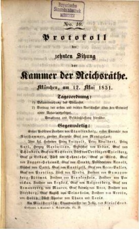 Verhandlungen der Kammer der Reichsräthe des Königreiches Bayern. Protokoll-Band. 1851,2