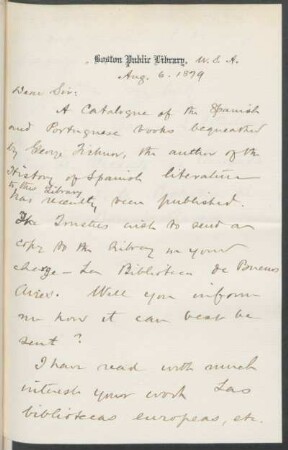 [Carta de agradecimiento de James L. Whitney a Vicente Quesada en inglés, Boston, 6 de agosto de 1879] : Biblioteca Pública de Boston