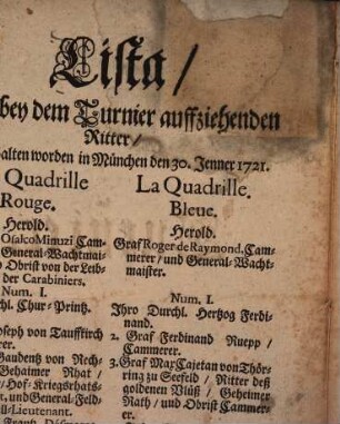 Lista, Der bey dem Turnier auffziehenden Ritter : So gehalten worden in München den 30. Jenner 1721