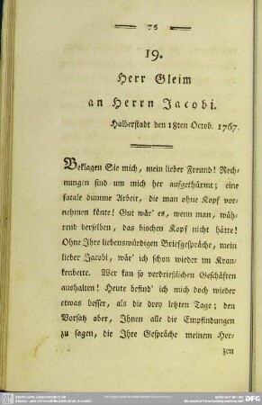 19. Herr Gleim an Herrn Jacobi. Halberstadt den 18ten Octob. 1767