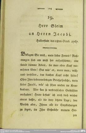 19. Herr Gleim an Herrn Jacobi. Halberstadt den 18ten Octob. 1767