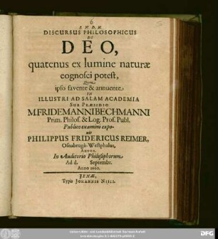 Discursus Philosophicus De Deo, quatenus ex lumine naturae cognosci potest