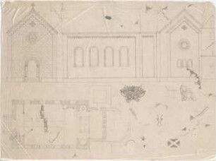 Voit, August von; Kirche - Eingangsseite, Langseite u. Rückseite (Grundriss, Ansichten); Ornamente (Details)