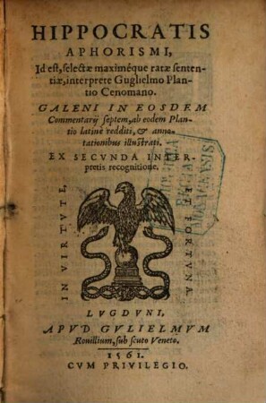 Aphorismi Hippocrati : id est selectae maximique ratae sententiae