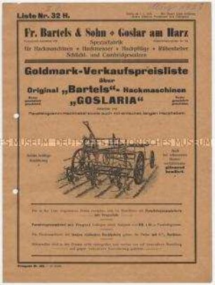 Goldmark-Verkaufspreisliste über Original "Bartels" - Hackmaschinen "GOSLARIA"