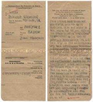 Feldpostbrief von Harald von Koenigswald aus dem Kriegsgefangenenlager in Sarrebourg an einen Bekannten in Freiburg - Familienkonvolut