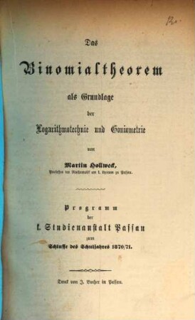 Programm der K. Studienanstalt Passau : für das Studienjahr .... 1870/71,[1]