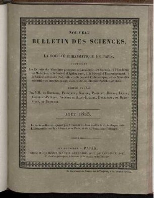 Nouveau Bulletin Des Sciences, Par La Société Philomatique De Paris. Aout 1825.