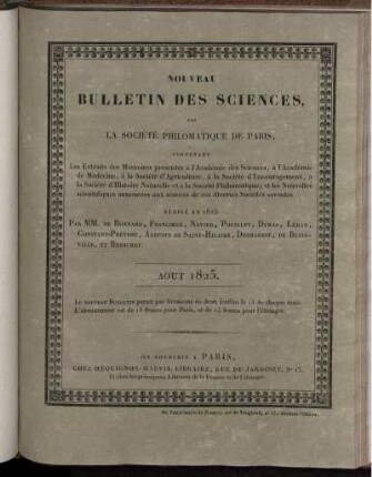 Nouveau Bulletin Des Sciences, Par La Société Philomatique De Paris. Aout 1825.
