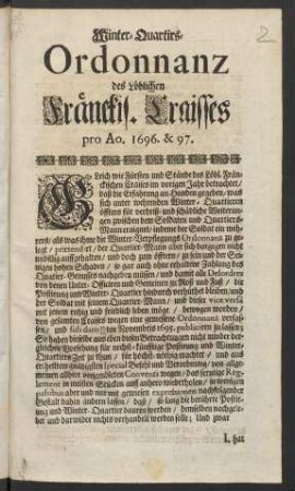 Winter-Quartirs-Ordonnanz des Löblichen Fränckis. Craisses pro Ao. 1696. & 97. : [Signatum Nürnberg bey noch versam[m]leten allgemeinen Fränckischen Craiß-Convent den 24/14ten Novembris 1696.]