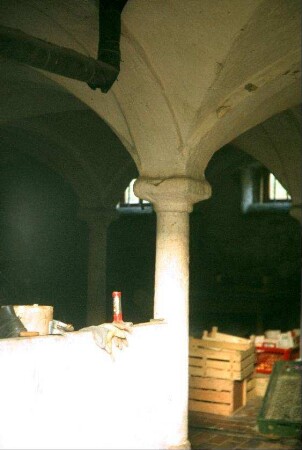 Teilansicht eines Stalls mit Säule und Kreuzgratgewölbe