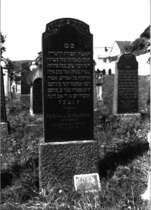 Grabstein 1058 (Index: 100104083) Material: Granit Zustand: gut erhalten Maße HxBxT: 180x50x19 cm Beschreibung: aufgesockelte Stele, Segmentbogenabschluss mit eingezogenen Ecken, Schriftfeld durch eingeritzte Linie mit Dreipassabschluss, unten in Voluten auslaufend, oberhalb des Schriftfeldes ein Lorbeer- und ein Eichenzweig, die zur Mitte hin zusammentreffen Symbolik: Lorbeerzweig, Eichenzweig: Grabstein 1058