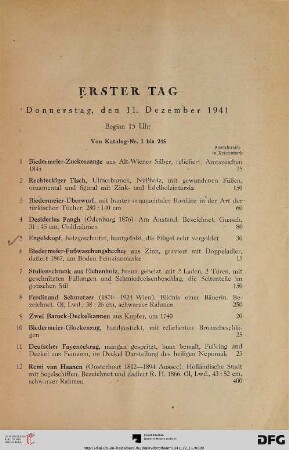 Erster Tag: Donnerstag, den 11. Dezember 1941, Beginn 15 Uhr (Nr. 1-245)