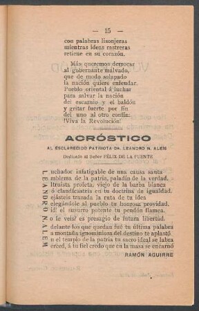 Acróstico al esclarecido patriota Dr. Leandro N. Alem : Dedicado al señor Félix de la Fuente