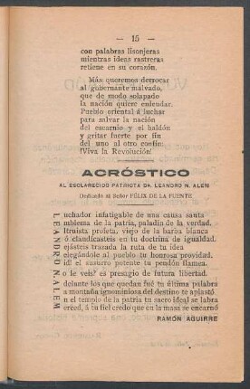 Acróstico al esclarecido patriota Dr. Leandro N. Alem : Dedicado al señor Félix de la Fuente