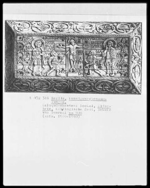Deckel eines Reliquienkastens: Christus am Kreuz mit Maria, Johannes, Longinus und Stephaton