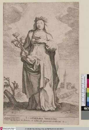 [Katharina von Siena vor schlichter Landschaft mit Kirche und entsprechenden Attributen wie Lilie, Herz und Buch in den Händen.]