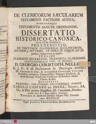 De Clericorum Saecularium Testamenti Factione Activa, Eorundemque Testamentis Sancte Ordinandis : Dissertatio Historico-Canonica