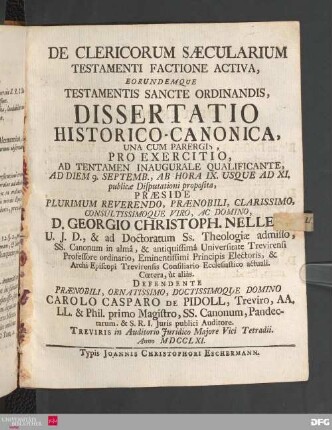 De Clericorum Saecularium Testamenti Factione Activa, Eorundemque Testamentis Sancte Ordinandis : Dissertatio Historico-Canonica