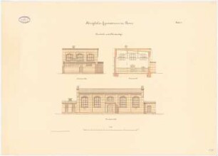Gymnasium, Bonn: Turnhalle und Abortanlage: Querschnitt Seitenansicht Vorderansicht 1:100