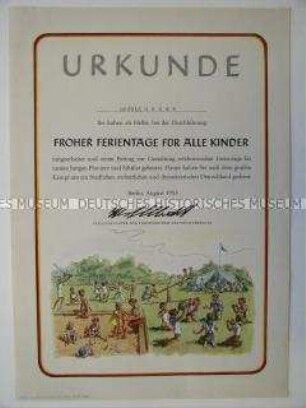 Urkunde für Helfer bei der Durchführung "Frohe Ferientage für alle Kinder"