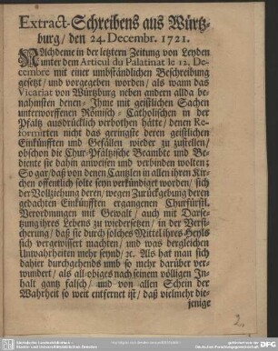 Extract-Schreibens aus Würtzburg, den 24. Decembr. 1721