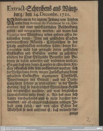Extract-Schreibens aus Würtzburg, den 24. Decembr. 1721
