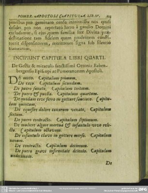 Incipiunt CCapitula Libri Quarti, De Gestis & miraculis, sanctissimi Ottonis Babenbergensis Episcopi ac Pommeranorum Apostoli