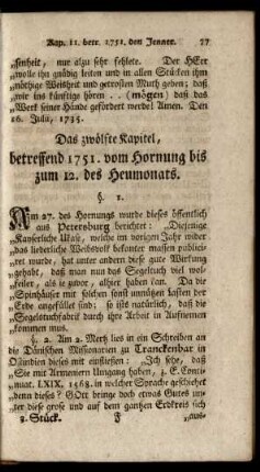 Das zwölfte Kapitel, betreffend 1751. vom Hornung bis zum 12. des Heumonats