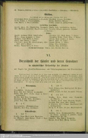 VI. Häuserbuch : VI. Verzeichniß der Häuser und derer Bewohner in alphabetischer Reihenfolge der Straßen