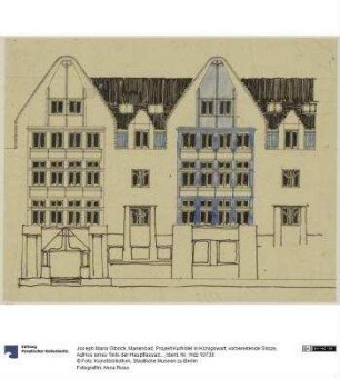 Marienbad, Projekt Kurhotel in Königswart, vorbereitende Skizze, Aufriss eines Teils der Hauptfassade