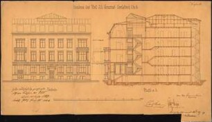 Haus Gropius, Berlin: Aufriss der Fassade und Längsschnitt